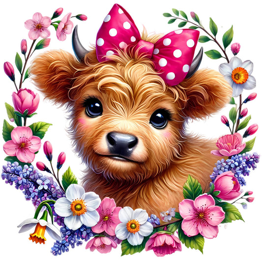 Springtime Highland Cows Fabric Panel 10 featuring a cute calf with a pink bow surrounded by vibrant spring flowers on premium quilting cotton.