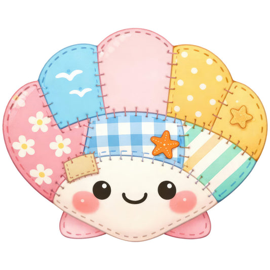 cute character, pastel pink, sky blue, soft yellow, mint green, cream, whimsical, playful, smiling face, embroidered details, stitched applique, flowers, white polka dots, starfish, ocean theme, nautical, beach, summer, spring, baby quilt, children's fabric, kawaii, friendly design, patchwork, colorful, cheerful, toy-like, decorative pillow, nursery decor