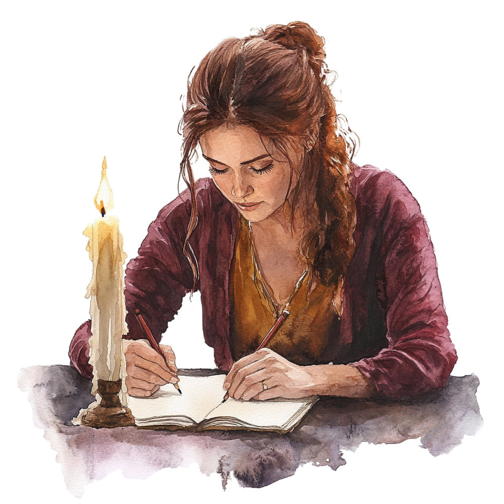 burgundy, wine red, burnt orange, golden yellow, warm brown, reddish brown, candlelit, writing, literary, reading, vintage, historical, romantic, elegant, nostalgic, period piece, classic literature, quill pen, candlelight, book lover, writer, scholar, intellectual, steampunk, antique, timeless, contemplative, dramatic