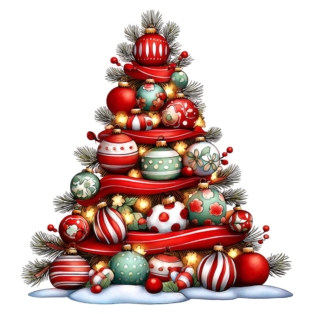 christmas, holiday, red, cream, forest green, sage green, ornament, baubles, striped, polka dot, floral, ribbon, festive, whimsical, traditional, vintage, evergreen branches, pine needles, decorative balls, winter, seasonal, elegant, nostalgic, red and white, red and green, tree-shaped, stacked ornaments, gold accents, festive decor, holiday spirit
