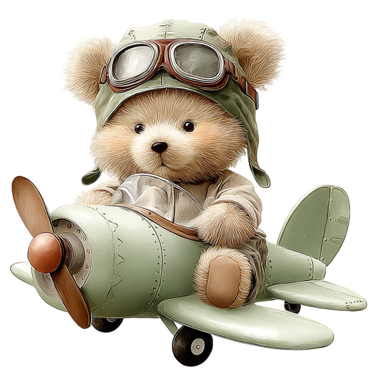 teddy bear, aviation, pilot, airplane, vintage airplane, cream, sage green, tan, brown, whimsical, cute, children, baby, aviator goggles, flying, adventure, nursery, storybook, steampunk, retro, playful, charming, illustration, animal, boy, gender neutral, kids fabric, decorative panel