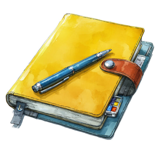 yellow, blue, rust orange, leather, pen, notebook, artist, creative, supplies, stationery, vintage, study, school, work, office, back to school, writing, journaling, brown leather, organized, professional, academic, student theme, desk accessories, educational, illustration style, watercolor, realistic, detailed