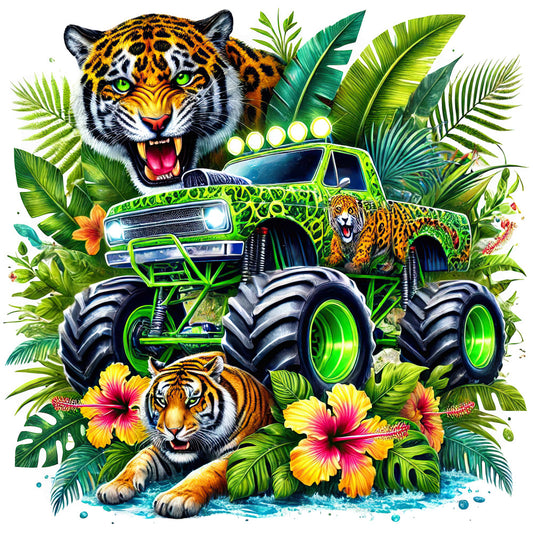 lime green, neon green, bright yellow, orange, hot pink, magenta, navy blue, tropical, jungle, wild animals, tigers, leopards, monster truck, vehicle, flowers, hibiscus, palm leaves, ferns, botanical, whimsical, bold, vibrant, colorful, adventure, wildlife, nature, summer, playful, eclectic, mixed media style