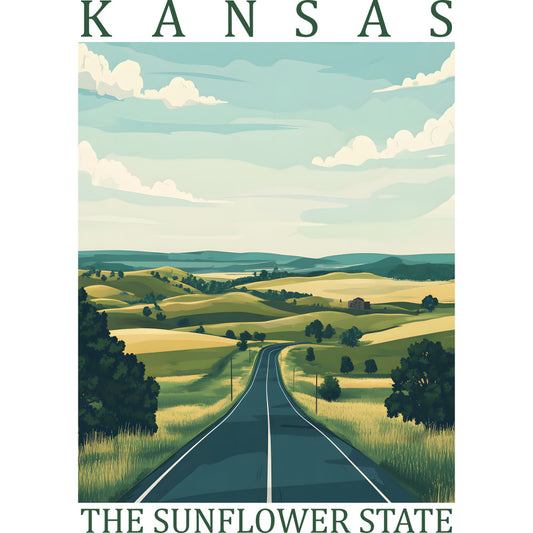 fabric panel, kansas, sunflower state, rolling hills, country road, pastoral landscape, green fields, blue sky, white clouds, golden wheat, rural scenery, farmland, highway, vintage poster style, americana, midwest, quilting cotton, nature scene, open road, prairie