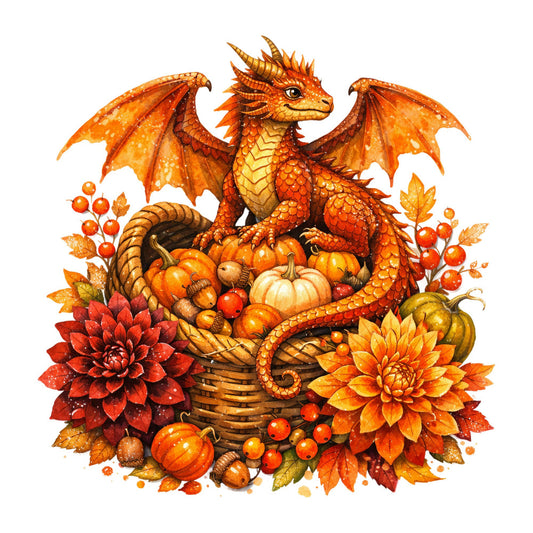 autumn dragon, fall harvest, orange, burnt orange, golden yellow, cream, red, rust, dragon fantasy, magical creatures, cornucopia, pumpkins, gourds, dahlias, chrysanthemums, autumn leaves, berries, whimsical, fantasy, harvest theme, thanksgiving, fall season, seasonal, autumn colors, nature inspired, folkloric, mystical, decorative panel, wall hanging, home décor