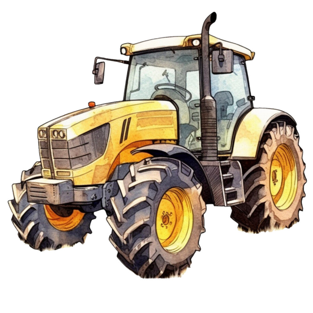 watercolor tractor, yellow tractor, farm equipment, agricultural machinery, large tires, glass cab, exhaust pipe, orange accents, gray details, black tires, yellow rims, farming vehicle, rural theme, transportation, heavy machinery, fabric panel, quilting cotton, watercolor style, painted illustration, farm life