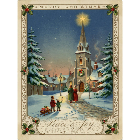 merry christmas, peace and joy, vintage christmas, winter village, snow scene, church steeple, star of bethlehem, children caroling, sledding, evergreen trees, snow-covered trees, holiday greeting, nostalgic, traditional christmas, cream beige, navy blue, forest green, gold accents, red berries, holly, festive, elegant, whimsical, retro, Victorian style, winter landscape, night sky, twinkling stars, holiday decor, Christmas panel