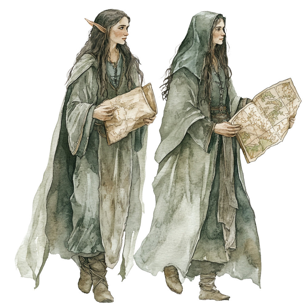 sage green, muted green, cream, tan, beige, forest green, earthy tones, fantasy, elves, medieval, adventure, maps, cartography, vintage maps, characters, figure illustration, literary, storybook, whimsical, fantasy characters, travel theme, explorer, adventure theme, elegant, bohemian, rustic, fantasy illustration, character panel, narrative fabric, journey