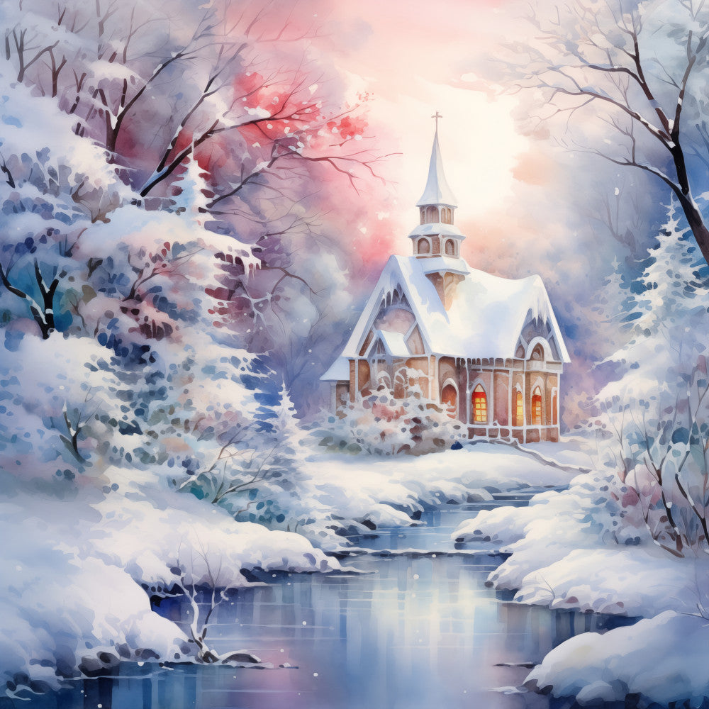 winter scene, snowy landscape, church, steeple, holiday, christmas, winter white, soft blue, dusty rose, mauve, pale pink, blush pink, icy blue, frost, snow-covered trees, evergreen, coniferous trees, frozen stream, winter village, festive, peaceful, serene, elegant, whimsical, watercolor style, romantic, cozy, spiritual, traditional, wintery atmosphere