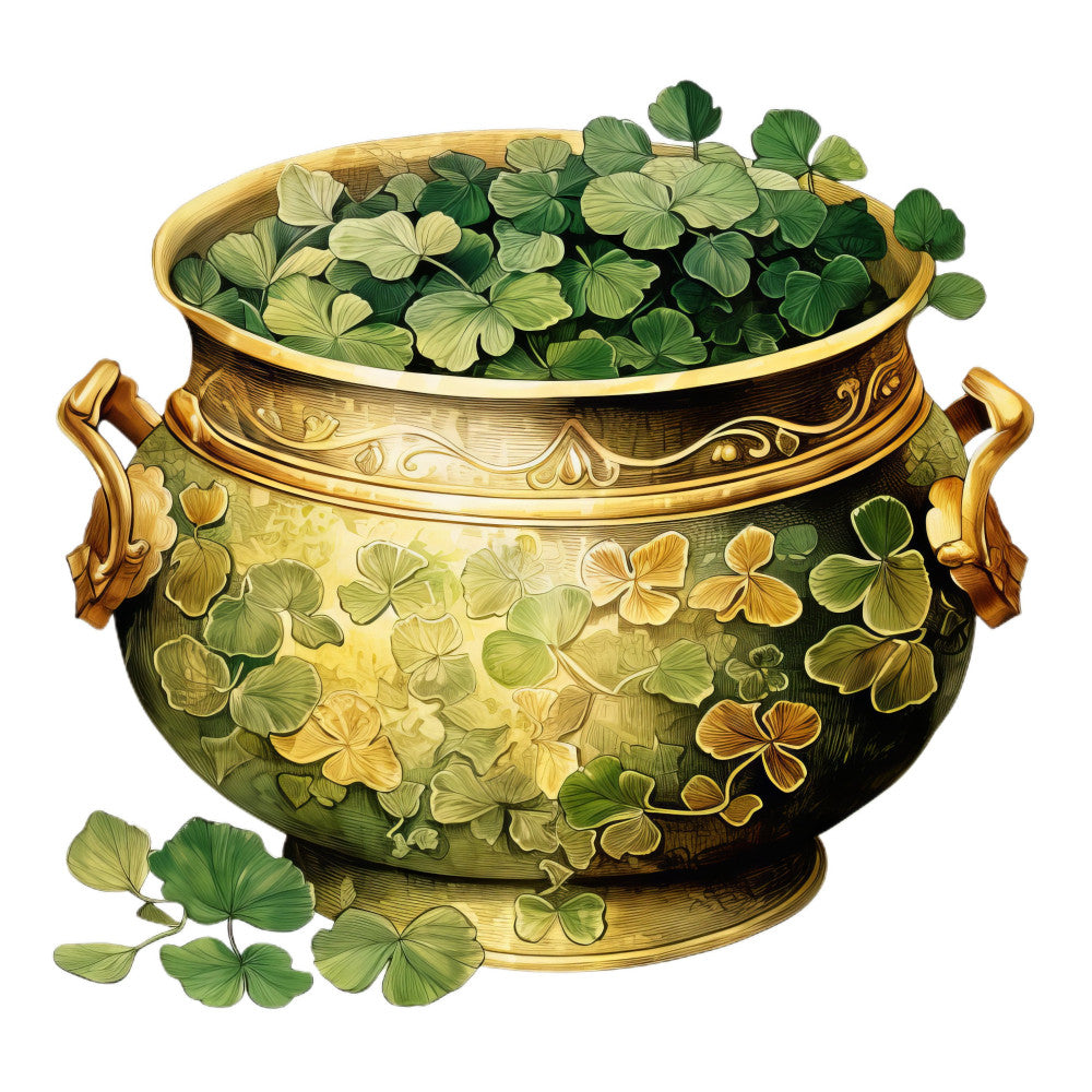 golden pot, shamrock, clover, four leaf clover, green foliage, lucky charm, st. patrick's day, spring, nature, botanical, leaf motifs, gold accents, sage green, forest green, pale yellow, cream, ornate, vintage, elegant, decorative pot, brass tones, whimsical, garden theme, floral arrangement, traditional, heritage, luck, irish inspired, home decor, wall hanging