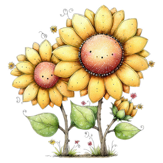 sunflower, golden yellow, coral pink, sage green, whimsical, nature, floral, botanical, insects, bees, ladybugs, flowers, spring, summer, garden, farmhouse, cottage, rustic, charming, hand-drawn, illustration style, children's, playful, decorative, panel quilt, wall hanging, nature lover, wildflower