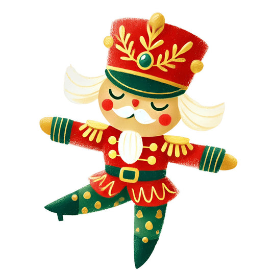 nutcracker, christmas, holiday, festive, soldier, toy soldier, red, gold, forest green, dark green, cream, white, whimsical, vintage, traditional, children, kids, decorative, festive cheer, winter, seasonal, marching band, military uniform, epaulettes, striped sleeves, golden accents, jolly, cheerful, novelty