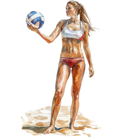 beach volleyball, sports, athletic, summer, coastal, sand, tan, beige, cream, white, blue and white, red, burnt orange, sun-tanned skin, figure study, watercolor, illustration, feminine, active lifestyle, outdoor sports, beach theme, vacation, realistic portraiture, woman athlete, sporty style, contemporary art, modern illustration