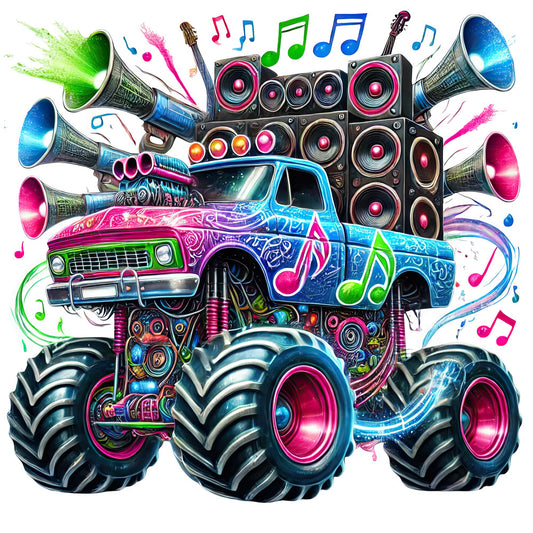 neon pink, electric blue, lime green, vibrant magenta, bright cyan, hot pink, neon green, music themed, musical notes, speakers, sound system, car art, monster truck, vintage truck, lowrider, graffiti, street art, abstract, modern, whimsical, music lovers, retro, bold, energetic, colorful, youth culture, pop art, wheels, automotive