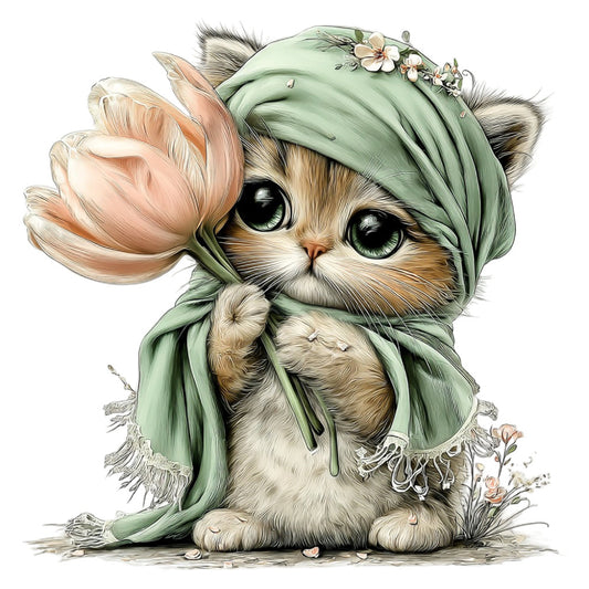 sage green, cream, peach, soft pink, pastel colors, cat, kitten, floral, tulip, flowers, whimsical, cute, adorable, fantasy, animal lover, spring, garden themed, botanical, soft colors, delicate, romantic, elegant, nature inspired, botanical print, flower holding cat, playful, children's, nursery, baby themed, cottage core