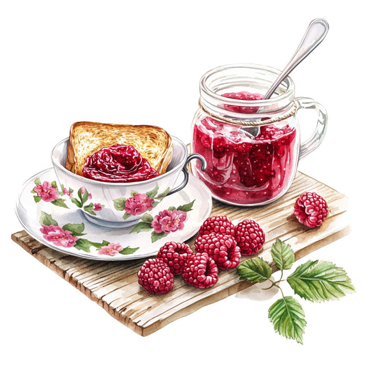raspberry jam, toast, teacup, floral china, red berries, pink flowers, wooden cutting board, mason jar, breakfast scene, watercolor illustration, kitchen motif, fabric panel, quilting cotton, cottage style, country kitchen, fresh raspberries, morning meal, botanical elements, soft pastels, rustic charm