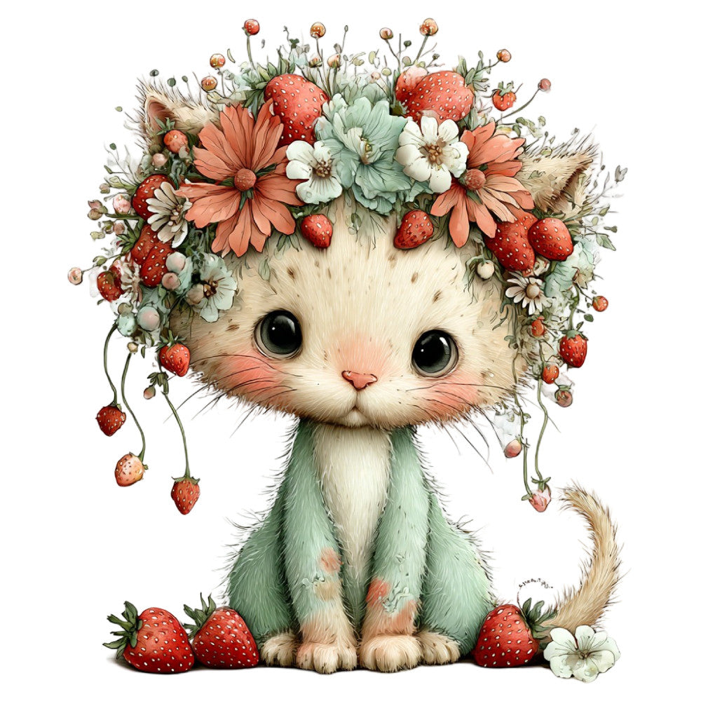cute cat, flower crown, strawberries, floral, whimsical, animals, cats, nature, spring, summer, coral pink, cream white, sage green, red berries, daisies, botanical, adorable, children's fabric, baby quilt, nursery, cottage core, strawberry patch, wildflowers, delicate, sweet, vintage inspired, fantasy, illustration, decorative panel, wall hanging