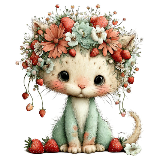 cute cat, flower crown, strawberries, floral, whimsical, animals, cats, nature, spring, summer, coral pink, cream white, sage green, red berries, daisies, botanical, adorable, children's fabric, baby quilt, nursery, cottage core, strawberry patch, wildflowers, delicate, sweet, vintage inspired, fantasy, illustration, decorative panel, wall hanging