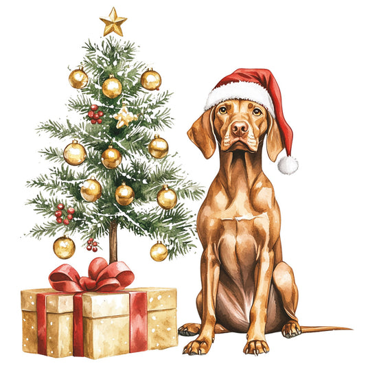 dog, christmas, holiday, golden retriever, santa hat, festive, winter, seasonal, gold ornaments, red ribbon, gift box, evergreen, animals, pets, whimsical, traditional, cheerful, warm, cream, gold, red, green, brown, gift-giving, celebration, decorative, cute, playful