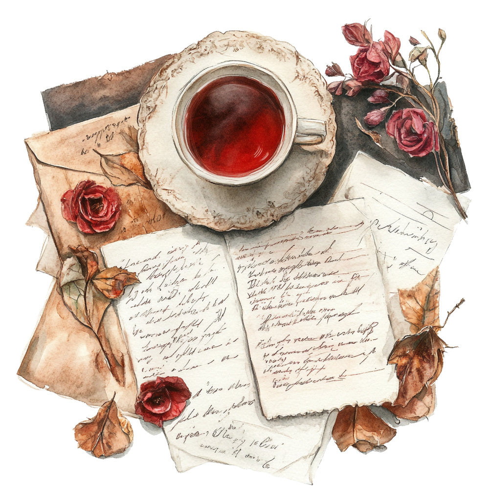 vintage roses, burgundy red, cream, brown, dusty rose, romantic floral, handwritten letters, tea cup, botanical, autumn, vintage aesthetic, elegant, nostalgic, cottage core, antique, literary, classic roses, dried flowers, steampunk, heritage, traditional, rustic elegant, victorian, red roses, beige, sepia tones, love letter theme, afternoon tea, heirloom, timeless
