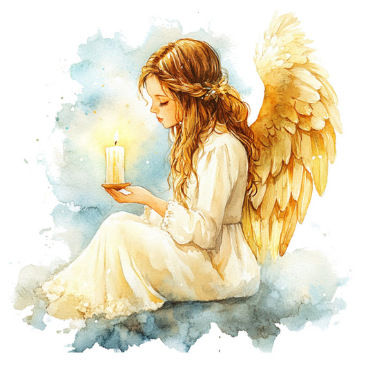 angel, watercolor, ethereal, gold wings, cream, soft blue, celestial, spiritual, heavenly, religious, guardian angel, winged figure, candle, light, peaceful, serene, elegant, whimsical, romantic, gentle, soft pastels, cloudscape, inspirational, meditation, dreamy, feminine, delicate, copper tone, sage blue, contemplative