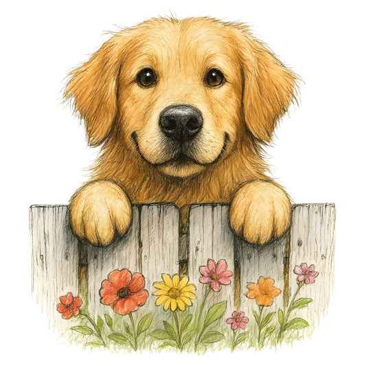 golden retriever, dog, animals, pet, flower garden, floral, wooden fence, farmhouse, rustic, whimsical, charming, sweet, adorable, nature, spring, summer, garden, cream, golden yellow, coral orange, pink, green, black nose, gentle expression, portrait, dog lover, animal themed, cottage style, pastoral, bucolic
