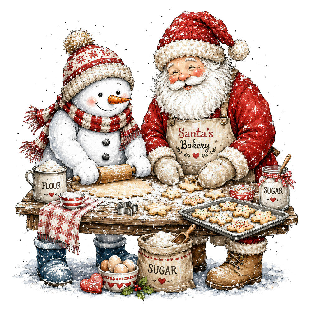 christmas, holiday, santa, snowman, festive, red and white, cream, gold accents, bakery, cookies, gingerbread, winter, snow, whimsical, vintage, traditional, nostalgic, rustic, charming, heart motifs, seasonal, baking theme, kitchen, decorative, jolly, cheerful, panel design, illustration style
