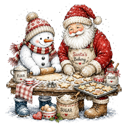 christmas, holiday, santa, snowman, festive, red and white, cream, gold accents, bakery, cookies, gingerbread, winter, snow, whimsical, vintage, traditional, nostalgic, rustic, charming, heart motifs, seasonal, baking theme, kitchen, decorative, jolly, cheerful, panel design, illustration style