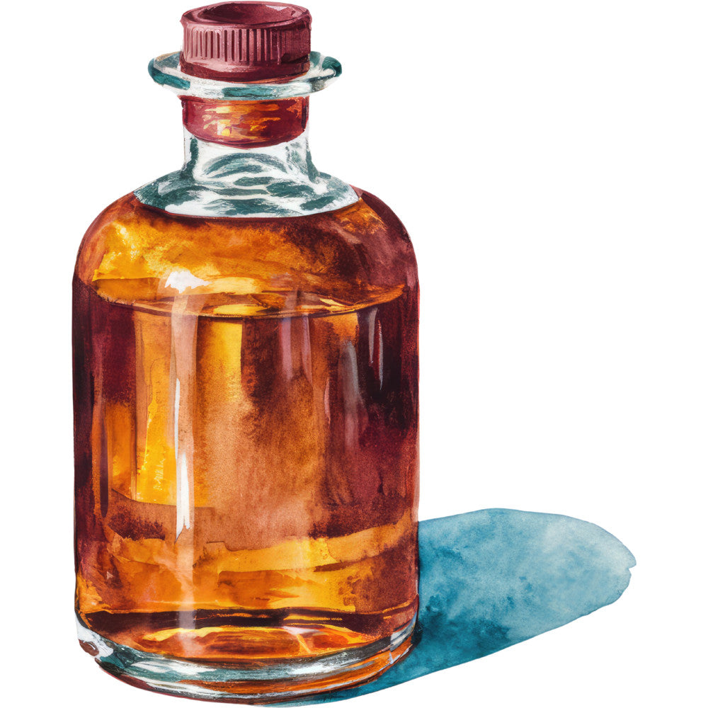 watercolor, amber bottle, glass bottle, cork stopper, orange liquid, golden brown, burgundy cap, blue shadow, transparent glass, apothecary bottle, vintage bottle, medicine bottle, warm tones, realistic illustration, fabric panel, quilting cotton, crafting material, antique style, scientific glassware