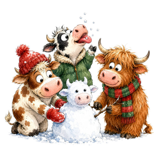 winter, christmas, holiday, snow, snowman, cattle, highland cattle, cows, animals, farmhouse, whimsical, playful, festive, cream white, forest green, red, brown, tan, horns, scarves, knit hats, snow scene, winter scene, cute, charming, countryside, rustic, seasonal, children's, family friendly