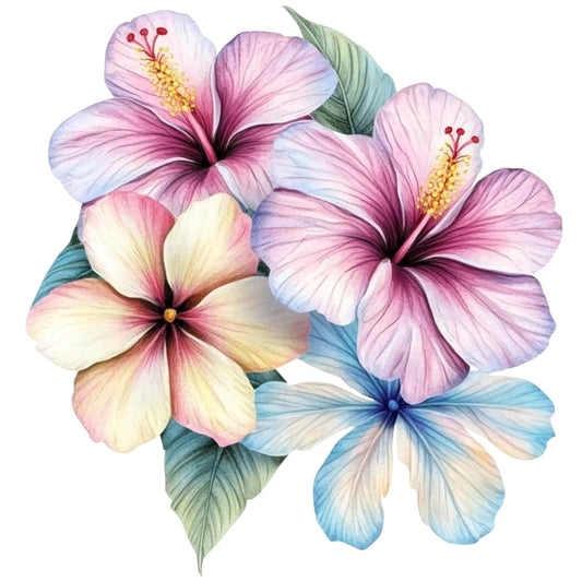 hibiscus, tropical flowers, pink hibiscus, pale pink, soft pink, lavender, light blue, cream, yellow center, botanical, floral, nature, spring, summer, elegant, watercolor style, painted flowers, garden flowers, delicate, soft colors, pastel, whimsical, feminine, botanical illustration, flower arrangement, multi-colored blooms, blue flowers, green leaves, naturalistic, artistic