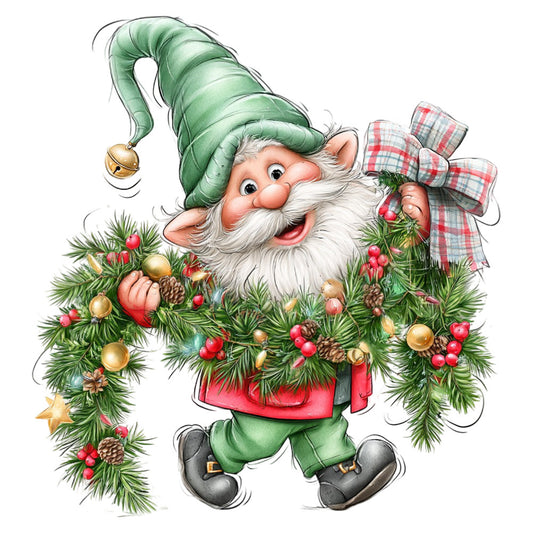 gnome, christmas, holiday, festive, whimsical, forest green, red, gold, cream, white, plaid, tartan, evergreen, pine, winter, seasonal, decorative, traditional, vintage, cheerful, jolly, bell, bow, berries, pinecones, ornaments, bearded character, elf, christmas garland, wreath