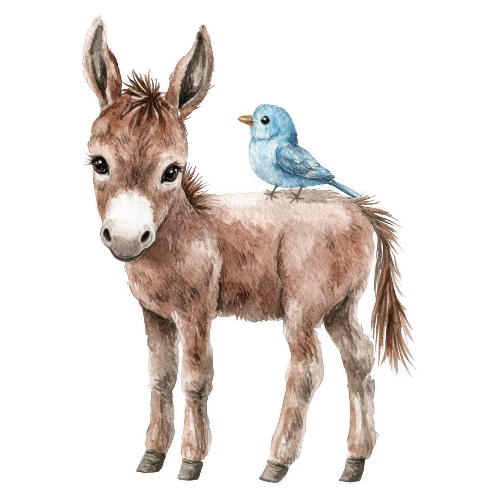 donkey, blue bird, animal, farmhouse, rustic, whimsical, children's, baby, nature, woodland, sweet, gentle, nursery, taupe, tan, brown, sky blue, light blue, friendship, companionship, cute, adorable, storybook, illustrated, watercolor, spring, summer, pastoral, country, charming