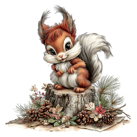 woodland squirrel, autumn animals, forest creatures, nature theme, whimsical woodland, rustic style, cottage core, pinecones, forest floor, woodland creatures, reddish brown, rust orange, cream white, grey, natural tones, earth tones, cute animals, children's fabric, baby quilt, wall hanging, seasonal autumn, fall decorations, woodland nursery, storybook illustration, vintage woodland, nature illustration, forest animals, tree stump, wildflowers