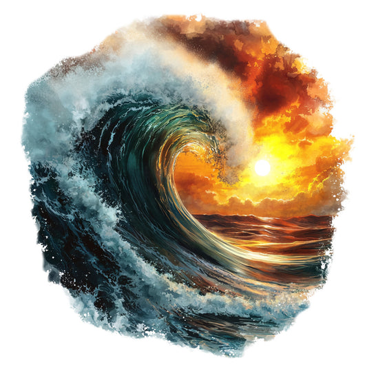 ocean wave, sunset, tropical, teal blue, orange, golden yellow, seascape, watercolor style, fabric panel, quilting cotton, hawaiian theme, crashing wave, dramatic sky, beach scene, coastal, water motion, sunset colors, island paradise, marine art, circular design