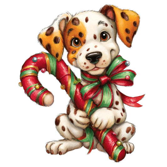 dalmatian, spotted dog, puppy, holiday, christmas, red ribbon, green ribbon, candy cane, festive, whimsical, cute, playful, animals, pets, cream white, red, forest green, gold accents, winter, seasonal, children's, baby, nursery, joyful, charming, illustration style, storybook, vintage inspired, decorative