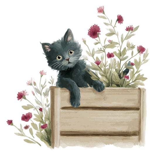 black cat, charcoal gray, dusty rose, burgundy, sage green, cream, floral, botanical, nature, animals, whimsical, rustic, cottage core, garden, flowers, carnations, cat illustration, playful, spring, summer, wooden planter, pots, leaves, foliage, traditional, delicate, storybook, children's, cute animals, farmhouse style