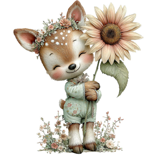 cute deer, fawn, sunflower, floral, woodland animals, nature, whimsical, soft pastels, cream, tan, sage green, dusty rose, coral pink, gold, botanical, wildflowers, baby quilt, nursery, gentle, sweet, farmhouse, vintage, spring, summer, adorable, children's, animal panel, nature lover, cottage core, storybook