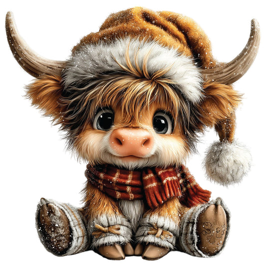 christmas highland cow, fabric panel, winter cow, brown fur, white fur, orange beanie, red plaid scarf, gray mittens, snow speckles, cute animal, sitting pose, large eyes, horns, fluffy texture, seasonal design, holiday theme, quilting fabric, cotton panel, whimsical illustration, winter accessories