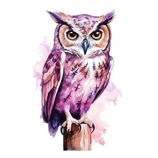 watercolor owl, purple hues, lavender tones, mauve colors, coral accents, brown eyes, fabric panel, bird illustration, nature motif, watercolor art, soft pastels, wildlife design, feathered texture, perched owl, artistic style, quilting fabric, cotton panel, dreamy aesthetic, whimsical creature, painted effect