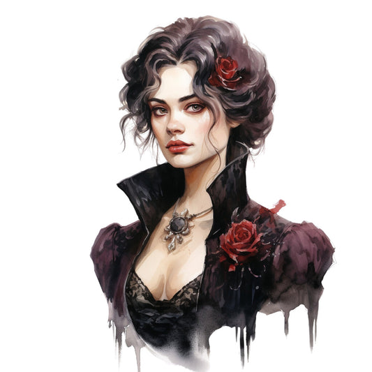 dark romance, gothic, portrait, woman, burgundy, deep red, black, pale skin, vintage, elegant, dramatic, moody, roses, red roses, floral, lace details, ornamental pendant, dramatic makeup, dark academia, Victorian, romantic, mysterious, gothic romance, dark aesthetic, character art, illustration style, fantasy art, detailed features