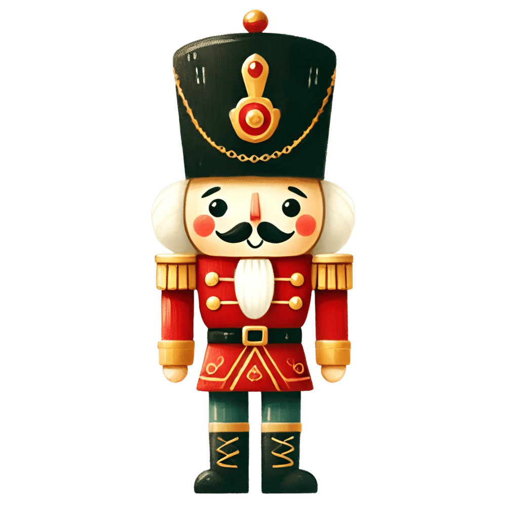 nutcracker, holiday, christmas, festive, traditional, whimsical, vintage, red, forest green, dark green, gold, cream, beige, soldier, toy soldier, marching band, military uniform, epaulettes, decorative hat, mustache, jolly, charming, nostalgic, winter, seasonal, children's, classic, elegant, festive décor, wall hanging