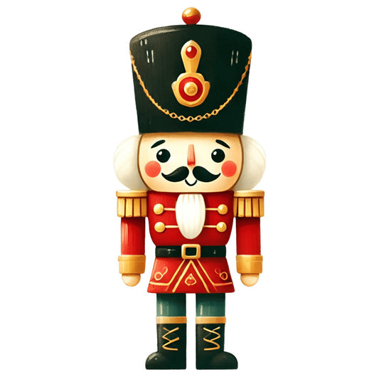 nutcracker, holiday, christmas, festive, traditional, whimsical, vintage, red, forest green, dark green, gold, cream, beige, soldier, toy soldier, marching band, military uniform, epaulettes, decorative hat, mustache, jolly, charming, nostalgic, winter, seasonal, children's, classic, elegant, festive décor, wall hanging