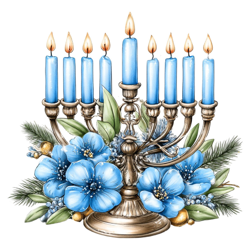 sky blue, light blue, bronze, gold, cream, floral, menorah, candles, blue flowers, evergreen, pine branches, berries, elegant, traditional, holiday, hanukkah, jewish, religious, vintage, botanical, candleholder, decorative, festive, winter, celebration, spiritual, ornate, classic, sophisticated