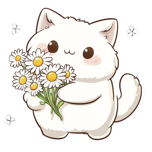 cute cat, white cat, daisy flowers, yellow centers, floral, whimsical, kawaii, animal, cat with flowers, spring, pastel colors, cream white, soft brown, cheerful, playful, children's, baby, sweet, botanical, nature, gentle, adorable, cartoon style, fuzzy cat, flower bouquet, summer, garden theme