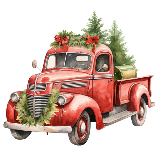 vintage truck, red pickup, christmas greenery, evergreen trees, holiday wreaths, red ribbons, watercolor style, festive decorations, winter scene, fabric panel, quilting cotton, rustic charm, holiday theme, pine garland, christmas truck, retro vehicle, seasonal design, craft fabric, patchwork panel, holiday quilting