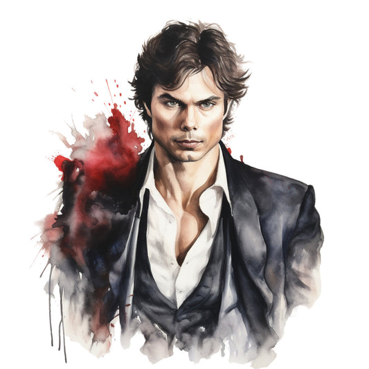 watercolor portrait, men's fashion, dramatic splatter, red and black, dark navy, white shirt, formal wear, artistic abstract, ink splash, contemporary art, elegant style, modern portrait, gothic aesthetic, sophisticated design, character illustration, entertainment themed, dramatic effect, grunge style, urban art, fashion illustration, male portrait, dark romantic, artistic splatter pattern, moody colors, charcoal gray, crimson red, portrait panel, dramatic contrast, artistic expression