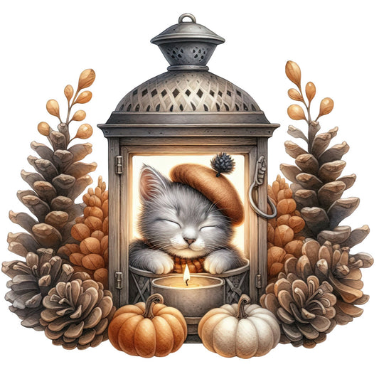 cozy cat, autumn, fall, pumpkin, pinecone, lantern, candlelight, warm brown, tan, cream, burnt orange, rustic, whimsical, nature, woodland, animals, cats, seasonal, harvest, thanksgiving, cottage core, farmhouse, vintage, peaceful, sleeping cat, decorative, wall hanging, home decor, warm tones, earth tones