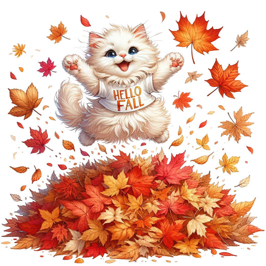 autumn, fall, cat, kitten, cute animals, fluffy, white, cream, orange, red, golden yellow, rust, maple leaves, leaf pattern, seasonal, whimsical, cheerful, playful, hello fall, nature themed, animal lover, cozy, harvest, thanksgiving, woodland, children's, baby quilt, wall hanging, decorative panel, festive