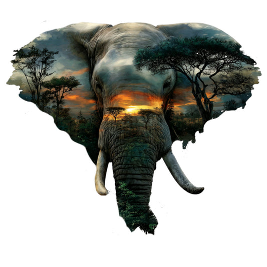 elephant, wildlife, african, sunset, double exposure, silhouette, savanna, acacia trees, nature, animals, orange, golden yellow, teal blue, forest green, gray, majestic, bohemian, artistic, modern, whimsical, landscape, safari, tusks, trunk, endangered species, conservation, earth tones, dramatic, spiritual, wall hanging